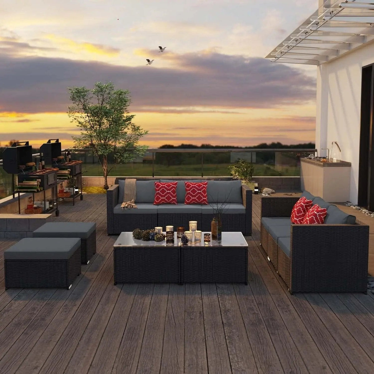 Outdoor Patio Furniture Sets All Weather Outdoor Sofa PE Garden Furniture Wicker Rattan Patio Conversation Set with Glass Table (Grey) - Get it from Bo