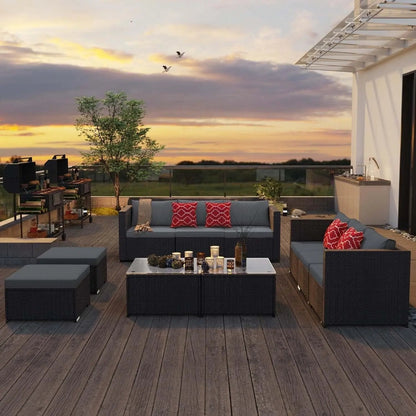 Outdoor Patio Furniture Sets All Weather Outdoor Sofa PE Garden Furniture Wicker Rattan Patio Conversation Set with Glass Table (Grey) - Get it from Bo