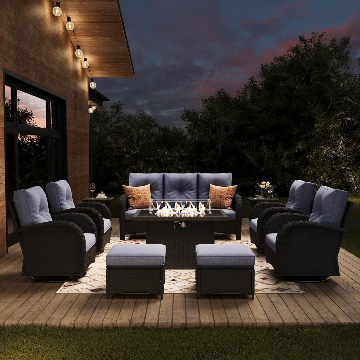 Outdoor Patio Furniture Sets with Fire Pit Table 10 Pieces Wicker Swivel Rocker Chairs and Sofa Sets for Backyard Deck - Get it from Bo