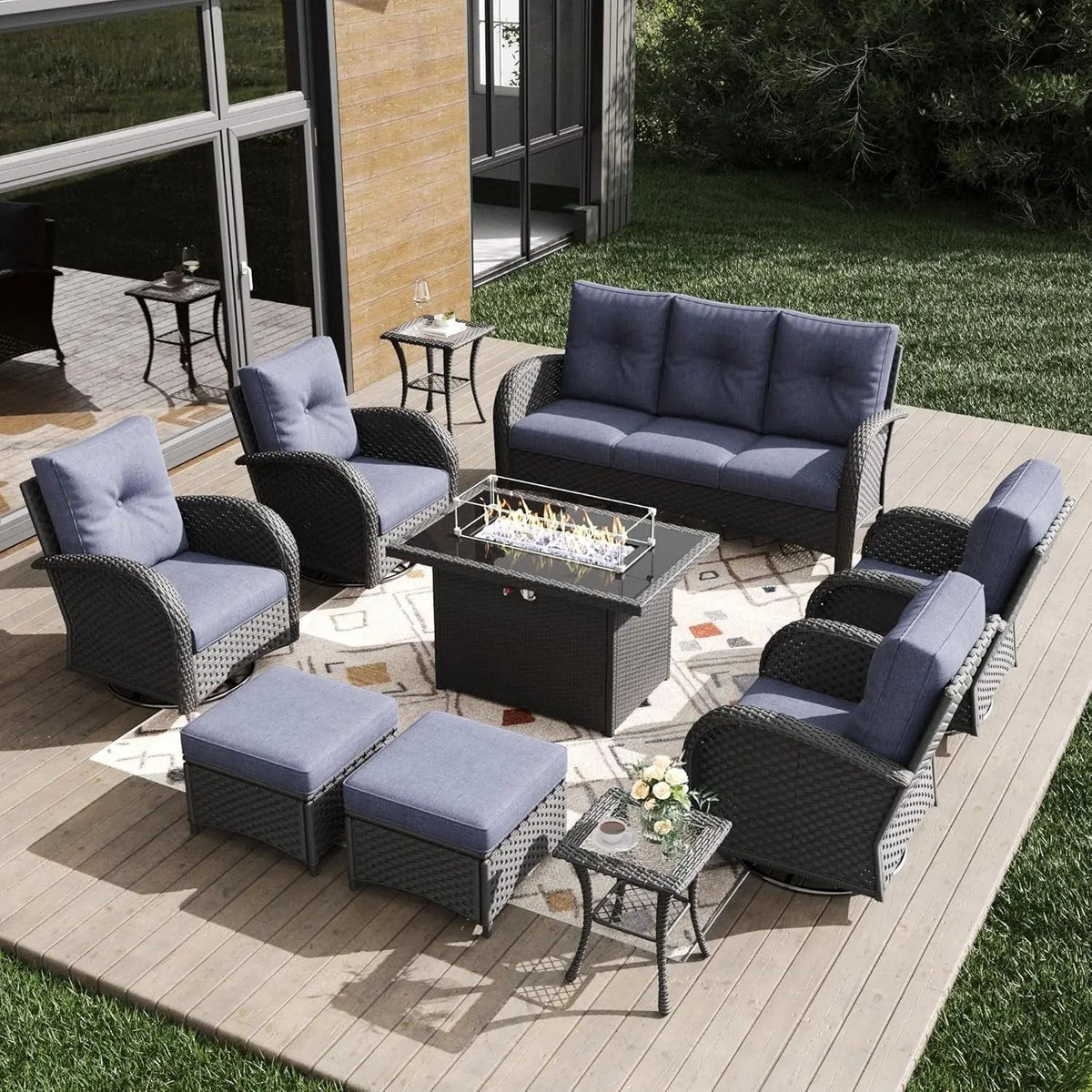 Outdoor Patio Furniture Sets with Fire Pit Table 10 Pieces Wicker Swivel Rocker Chairs and Sofa Sets for Backyard Deck - Get it from Bo