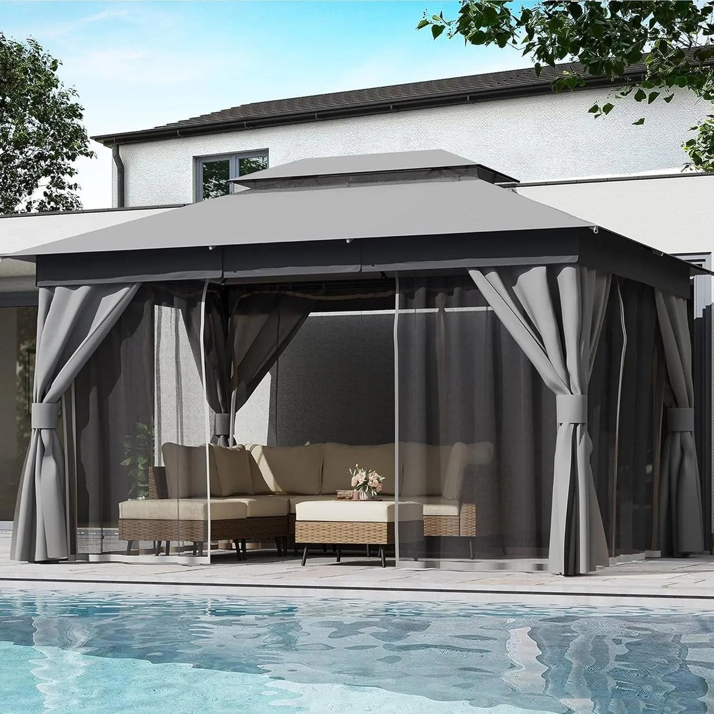 Outdoor Patio Gazebo 10'X13' with Expansion Bolts, Heavy Duty Party Tent & Shelter with Double Roofs, Mosquito Nettings and Privacy Screens for Backyard, Garden, Lawn, Smoke Grey - Get it from Bo