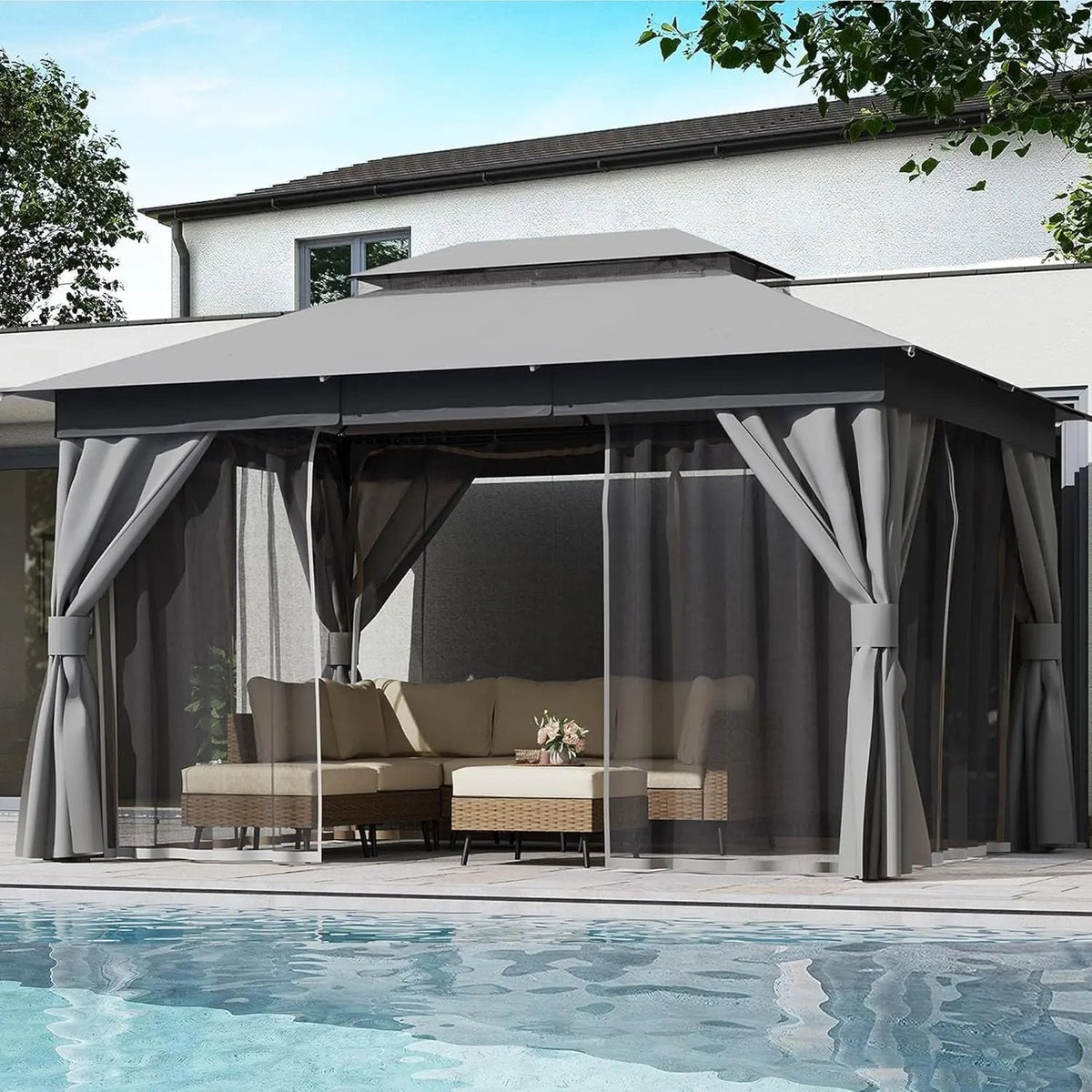 Outdoor Patio Gazebo 10'X13' with Expansion Bolts, Heavy Duty Party Tent & Shelter with Double Roofs, Mosquito Nettings and Privacy Screens for Backyard, Garden, Lawn, Smoke Grey - Get it from Bo
