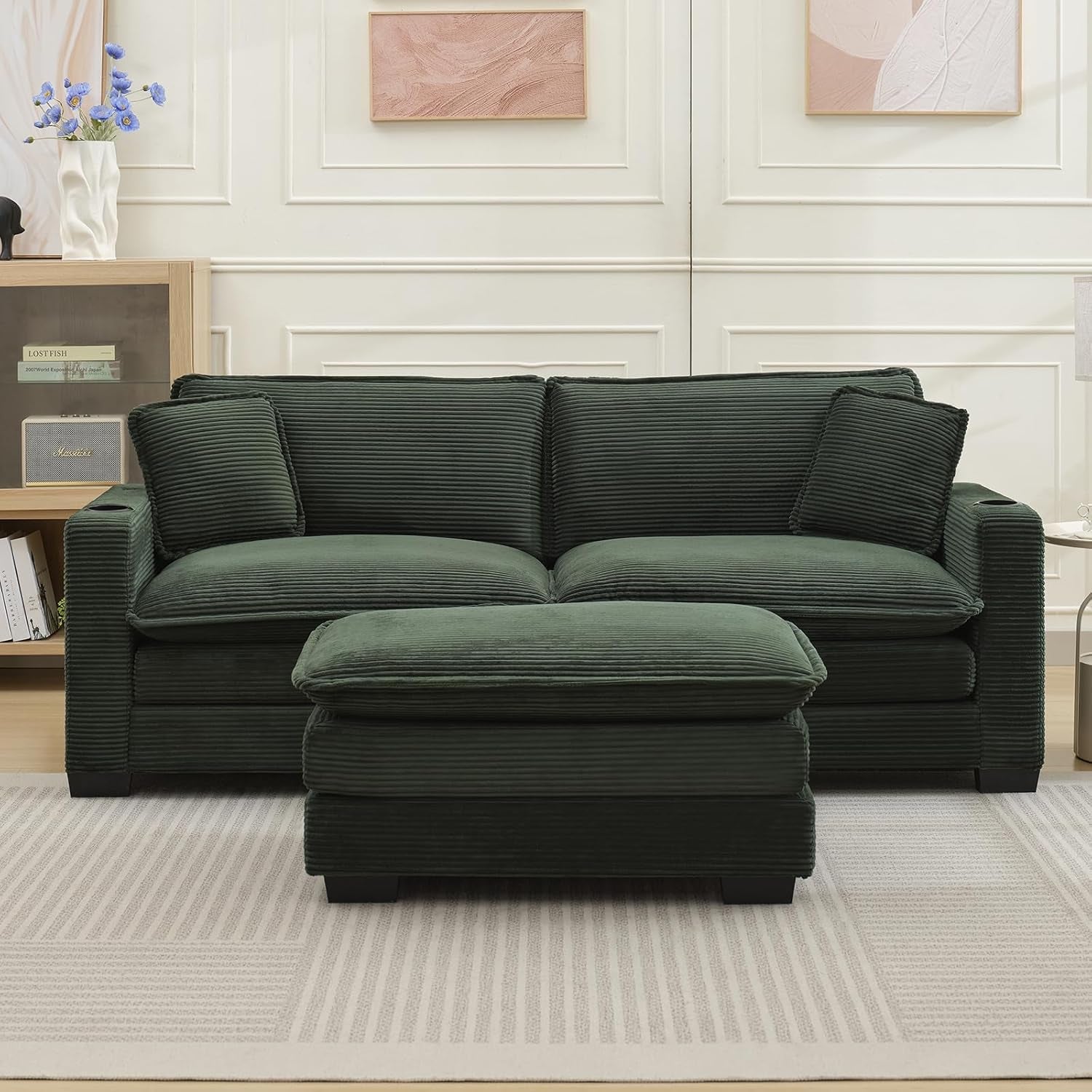 Oversized Corduroy Sectional Couch with USB and Cup Holders ShipItFurniture