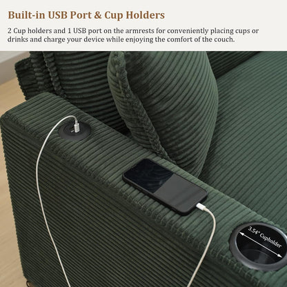 Oversized Corduroy Sectional Couch with USB and Cup Holders ShipItFurniture
