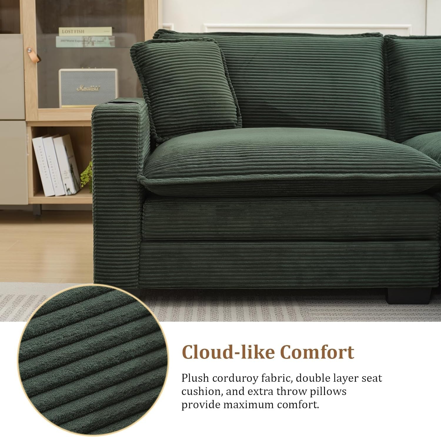 Oversized Corduroy Sectional Couch with USB and Cup Holders ShipItFurniture