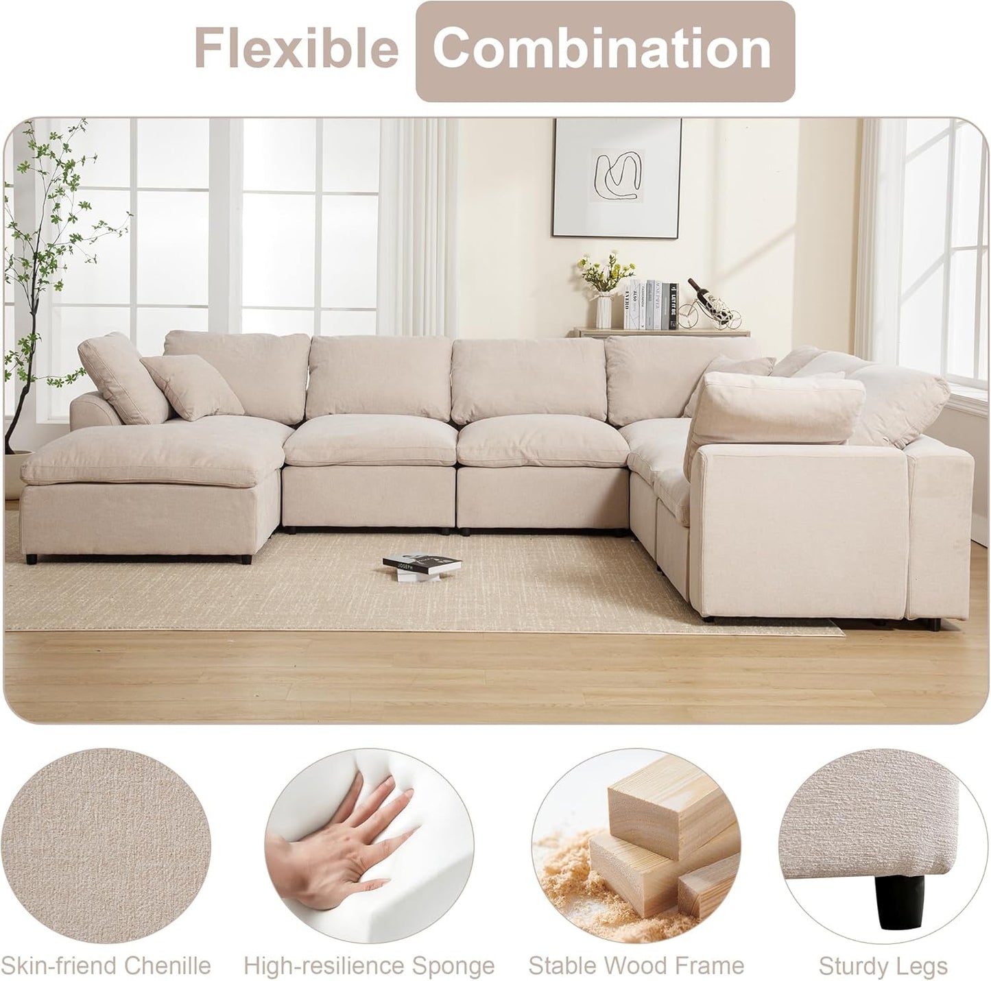 Oversized U Shaped Modular Sectional Sofa with Ottoman ShipItFurniture