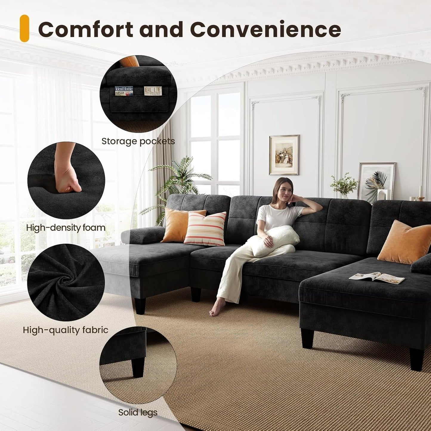 Oversized U Shaped Sectional Sofa with Storage Pockets ShipItFurniture