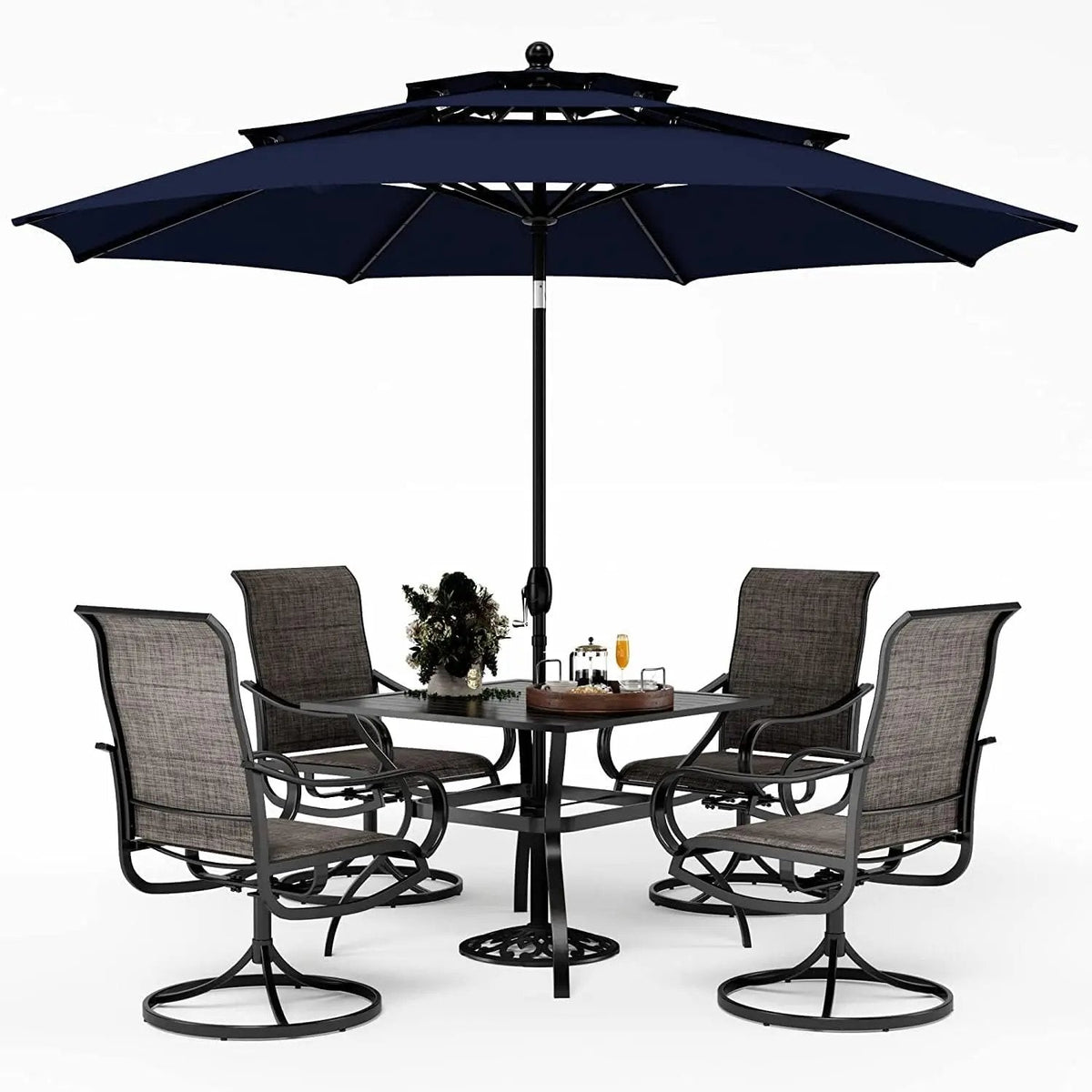 Patio Dining Set with Umbrella for 4, Outdoor Table & Chairs Set with 4 Padded Swivel Patio Dining Chairs, 1 Metal Dining Table and 10Ft Navy Blue Large Patio Umbrella (No Umbrella Base) - Get it from Bo