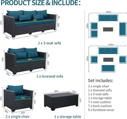 Patio Furniture Set 5 Pieces Outdoor Furniture Sets Patio Couch Outdoor Chairs Coffee Table Peacock Blue Anti-Slip Cushions and Waterproof Covers - Get it from Bo