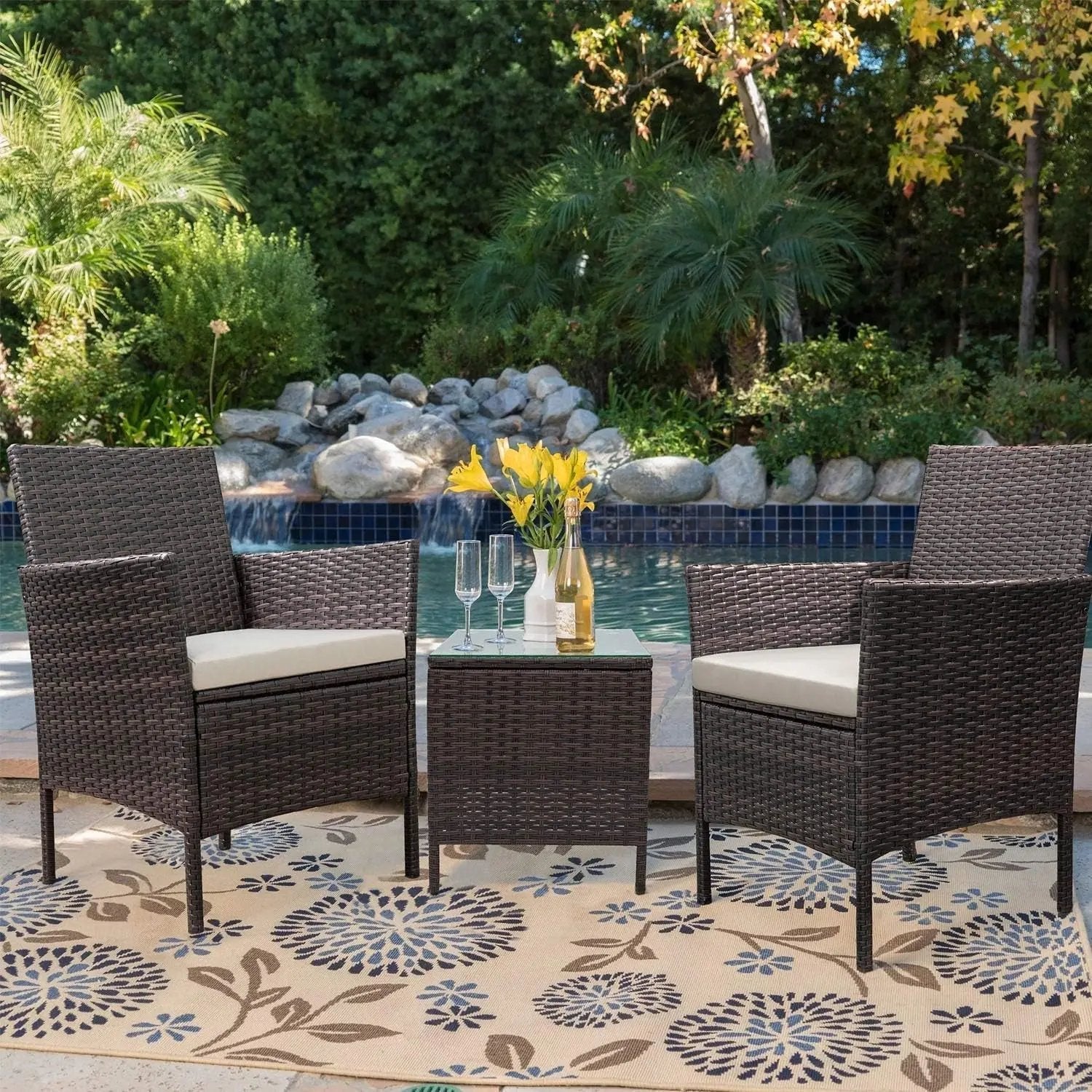 Patio Porch Furniture Sets 3 Pieces PE Rattan Wicker Chairs with Table Outdoor Garden Furniture Sets (Brown/Beige) - Get it from Bo