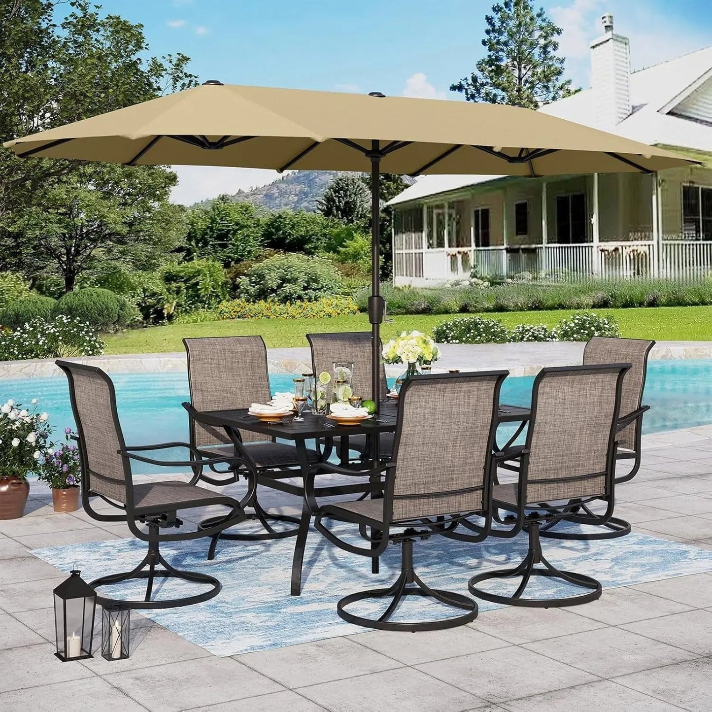 Patio Set with Umbrella 8 Pieces Outdoor Dining Set for 6 with 13Ft Double-Sided Patio Umbrella Beige, 6 X Swivel Patio Chairs, 1 Metal Table for Lawn Garden - Get it from Bo