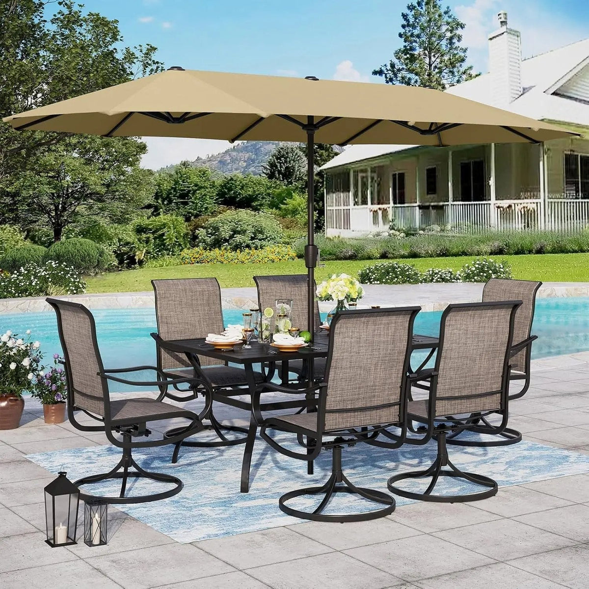 Patio Set with Umbrella 8 Pieces Outdoor Dining Set for 6 with 13Ft Double-Sided Patio Umbrella Beige, 6 X Swivel Patio Chairs, 1 Metal Table for Lawn Garden - Get it from Bo
