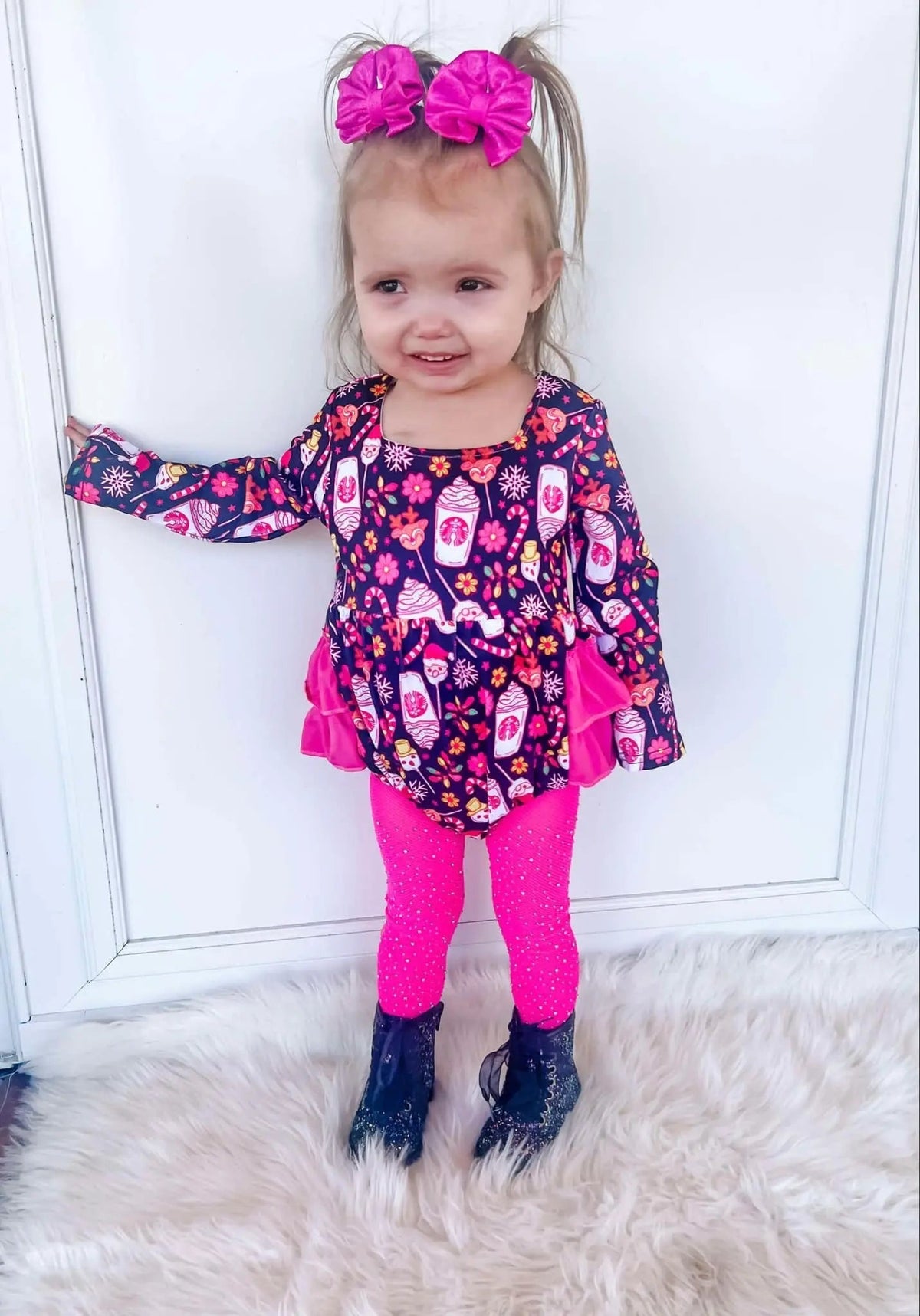 Pink Christmas coffee ruffle romper - Get it from Bo