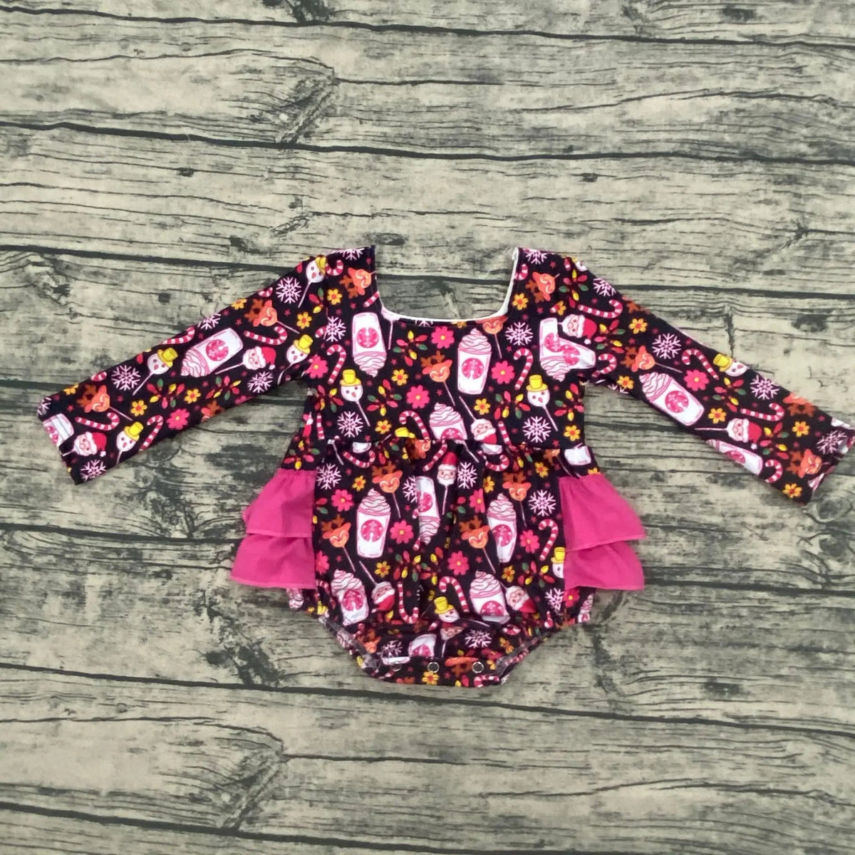 Pink Christmas coffee ruffle romper - Get it from Bo