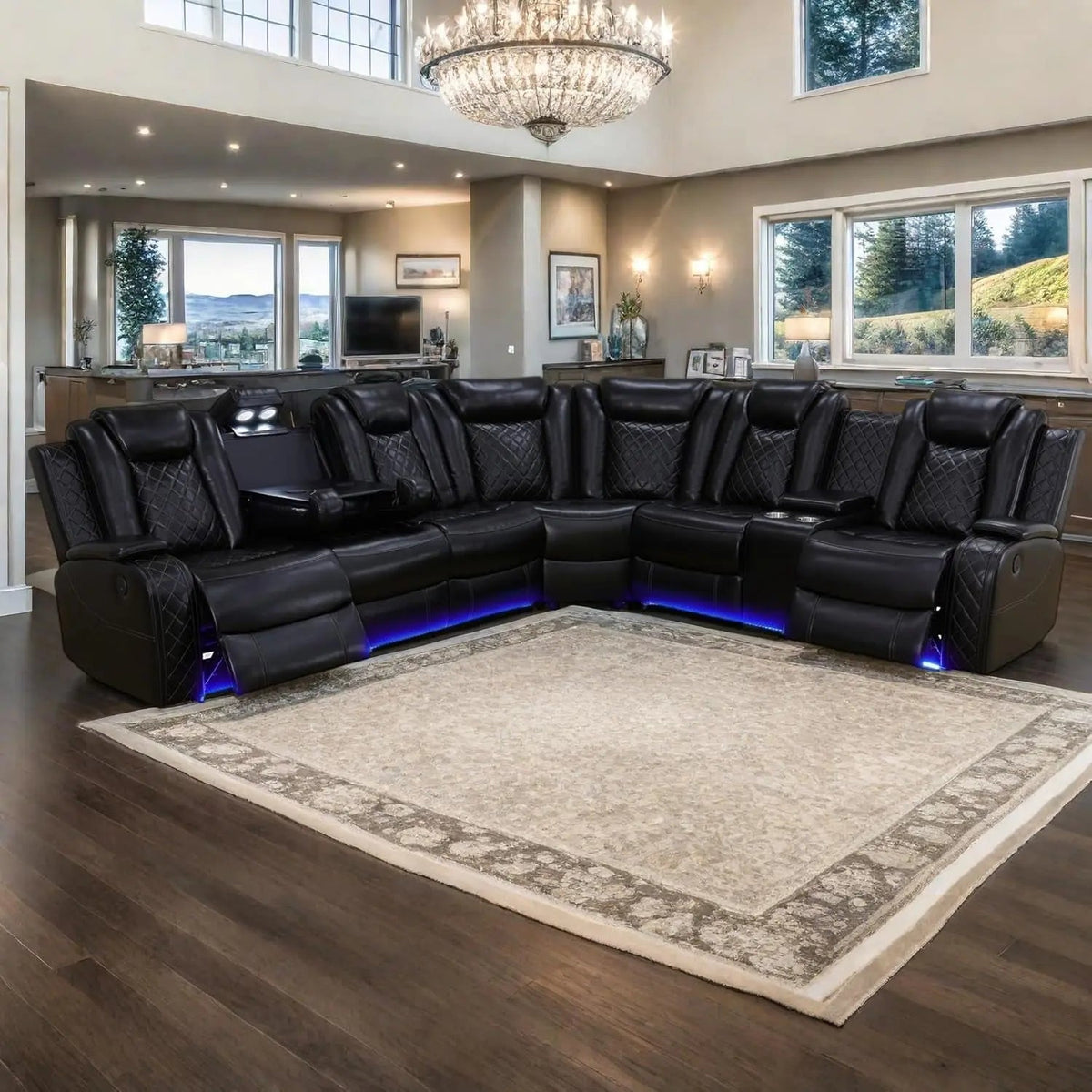 Power Recliner Sectional Sofa Black With LED Lights - Get it from Bo