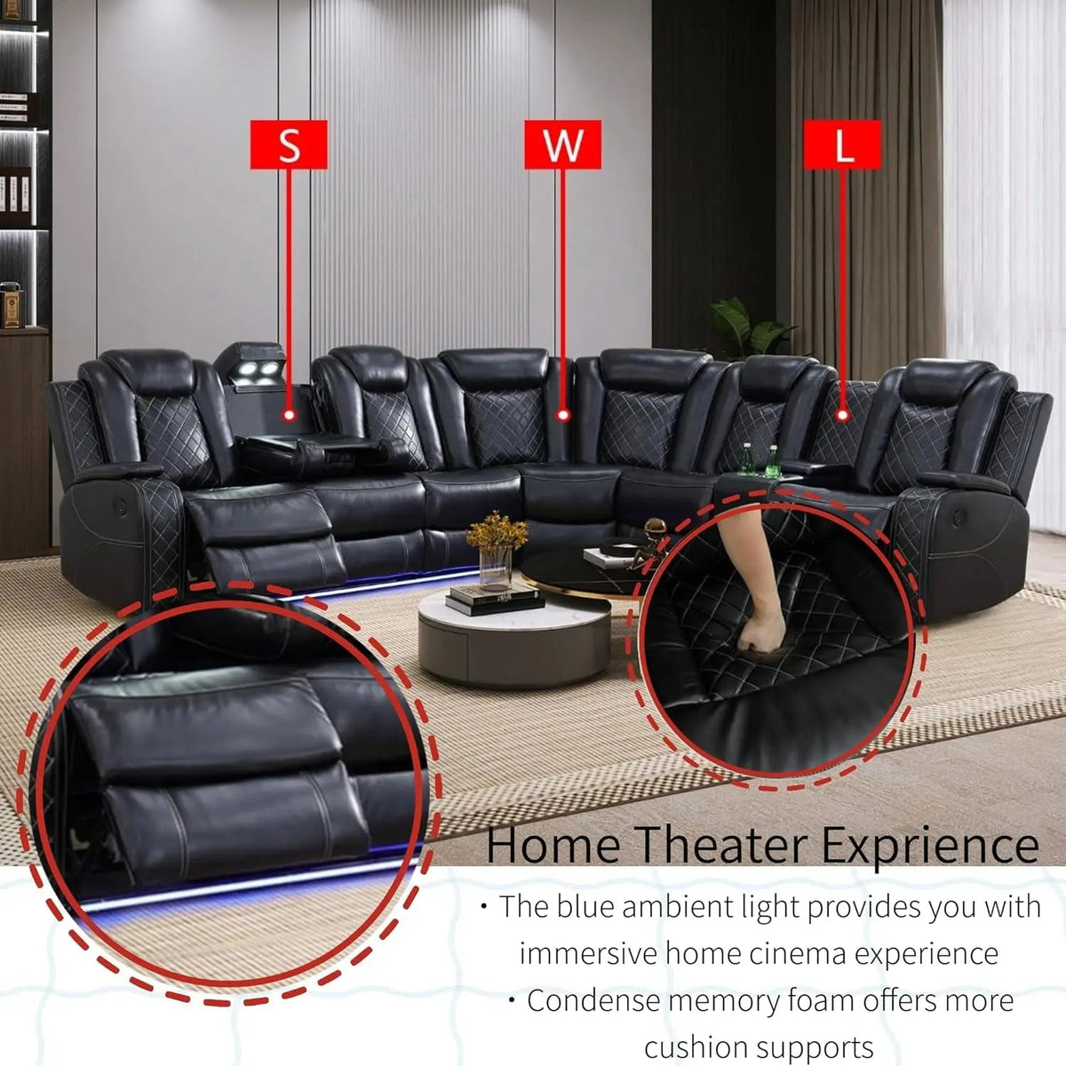 Power Recliner Sectional Sofa Black With LED Lights - Get it from Bo