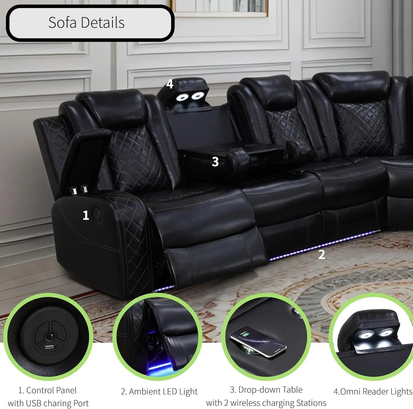 Power Recliner Sectional Sofa Black With LED Lights - Get it from Bo