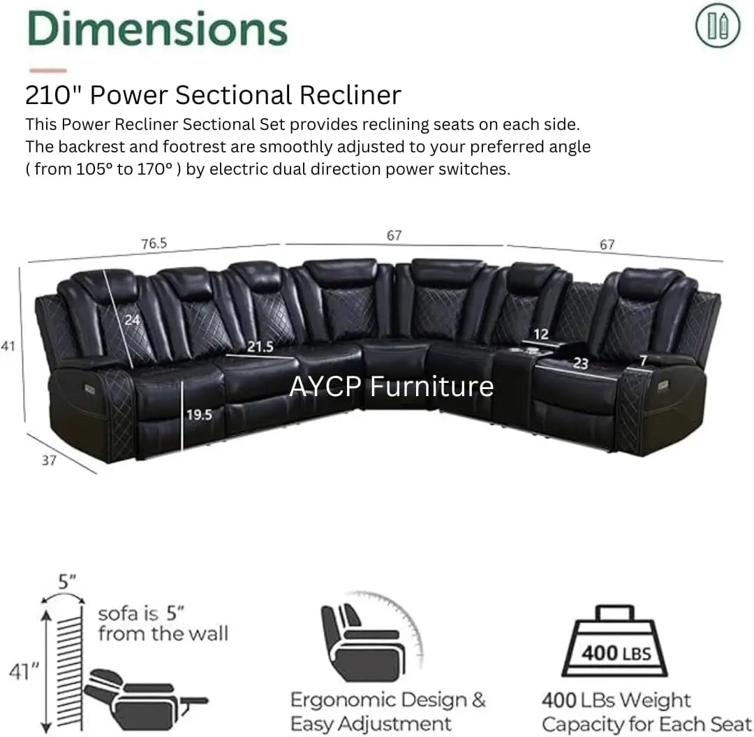 Power Recliner Sectional Sofa Black With LED Lights - Get it from Bo
