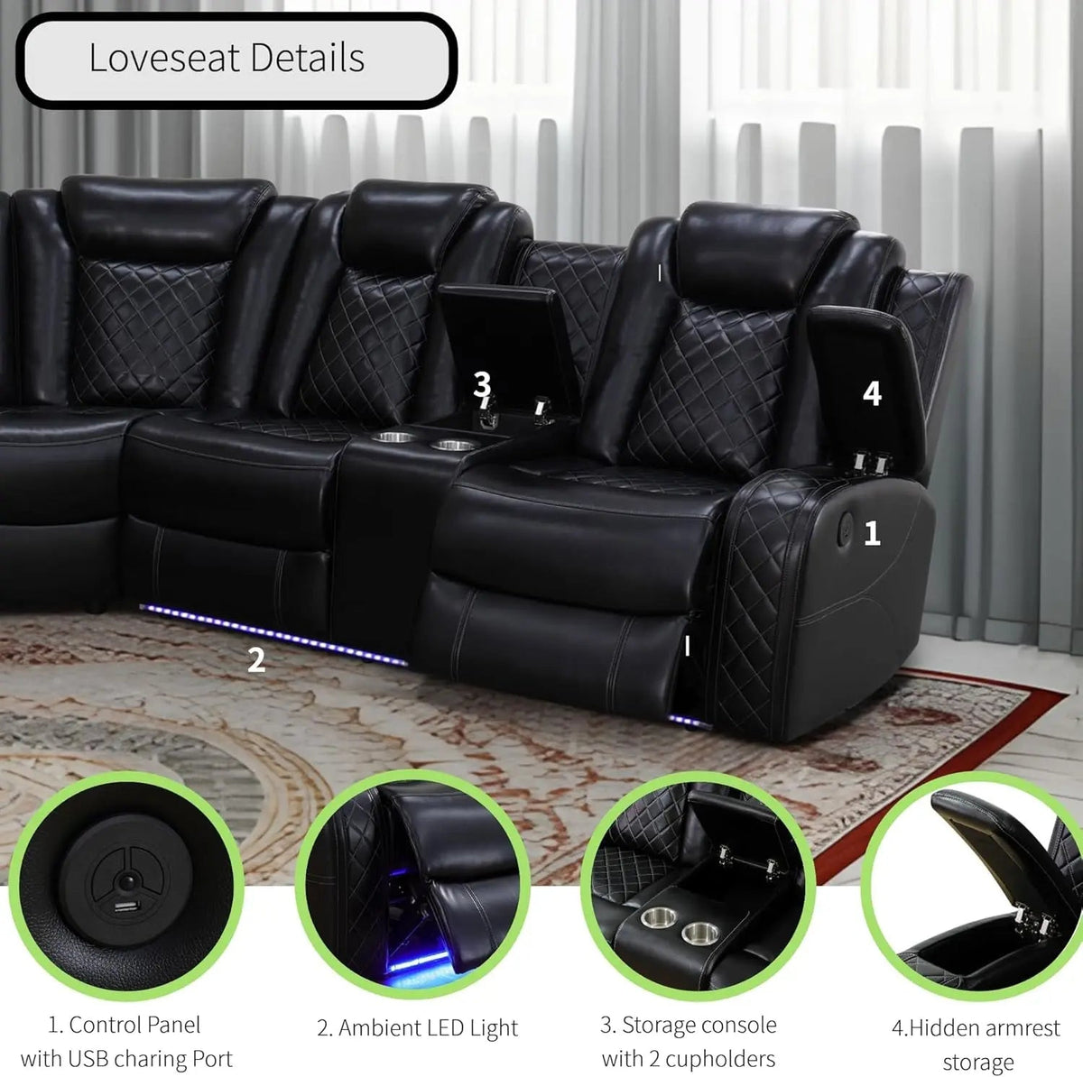 Power Recliner Sectional Sofa Black With LED Lights - Get it from Bo