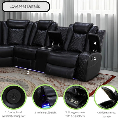 Power Recliner Sectional Sofa Black With LED Lights - Get it from Bo