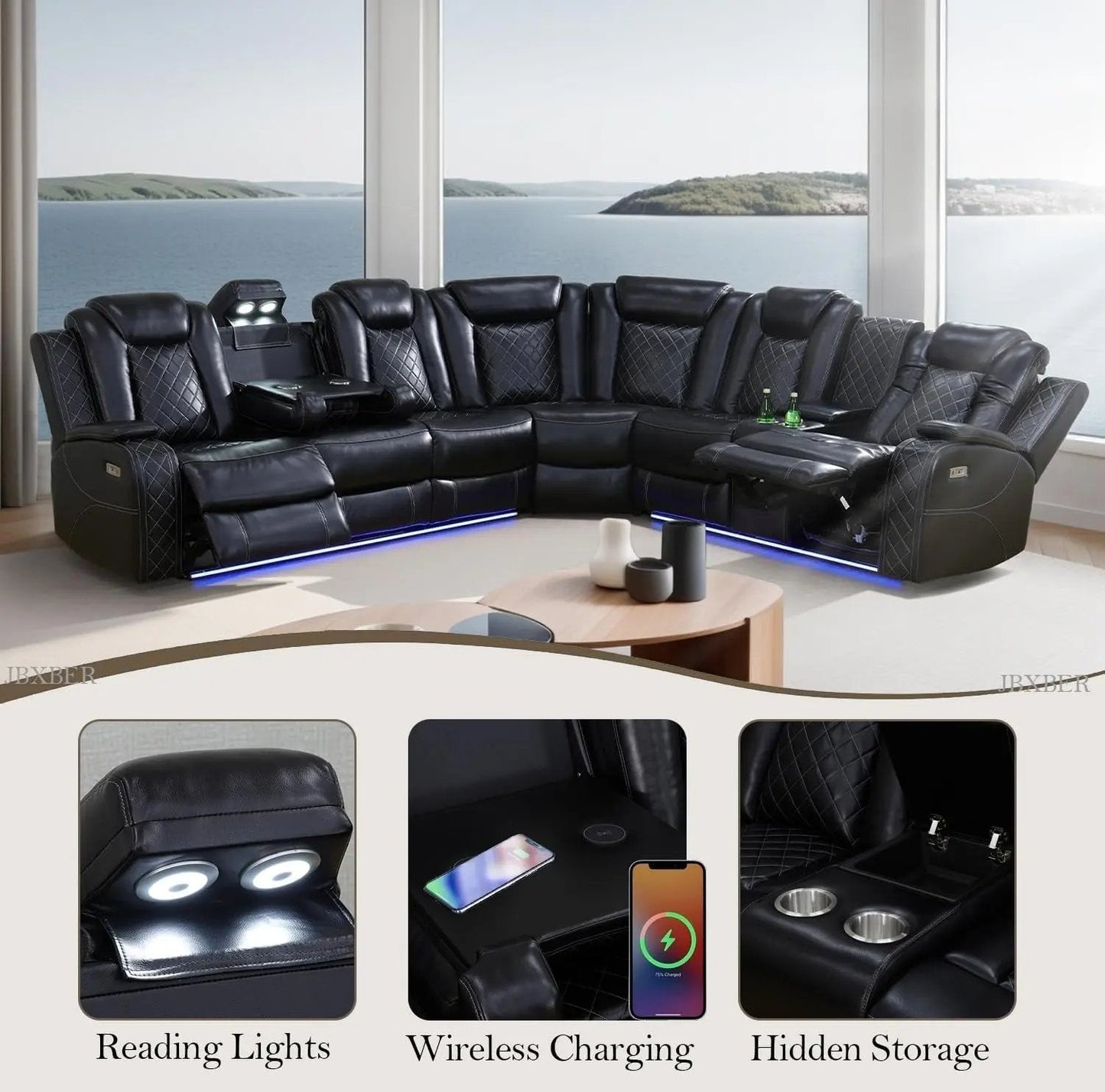 Power Recliner Sectional Sofa Set, Leather Sectional Sofa Sets for Living Room, Power Reclining Sectional Couch with Led Lights, Cup Holder, Wireless Charging, Hidden Storage, Black - Get it from Bo