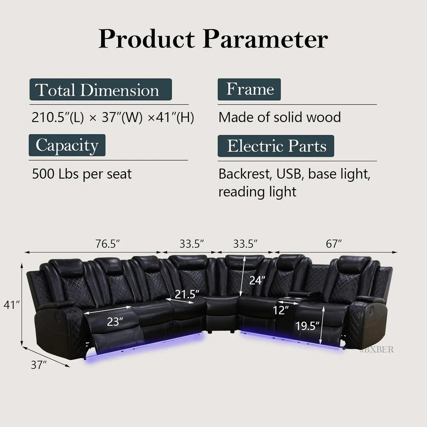 Power Recliner Sectional Sofa Set, Leather Sectional Sofa Sets for Living Room, Power Reclining Sectional Couch with Led Lights, Cup Holder, Wireless Charging, Hidden Storage, Black - Get it from Bo