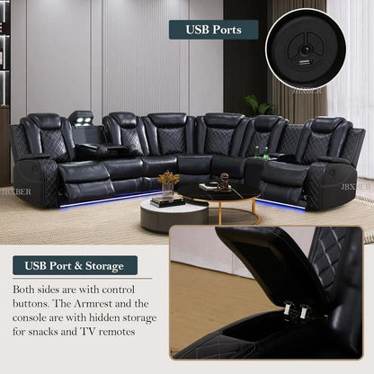 Power Recliner Sectional Sofa Set, Leather Sectional Sofa Sets for Living Room, Power Reclining Sectional Couch with Led Lights, Cup Holder, Wireless Charging, Hidden Storage, Black - Get it from Bo