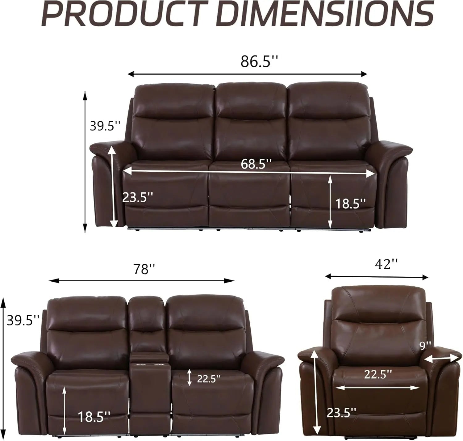 Power Recliner Sofa Set With LED Leather 3 Piece Brown Living Room - Get it from Bo