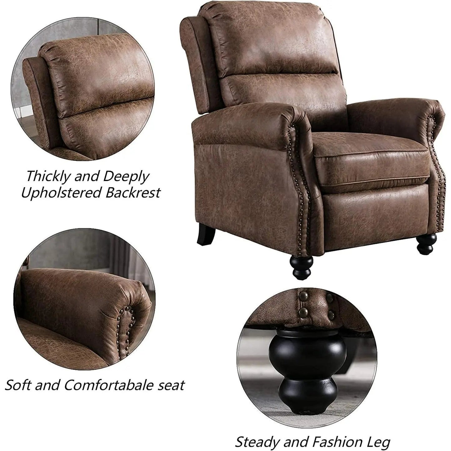 Pushback Recliner Chair Leather Rivet Decoration Chocolate - Get it from Bo