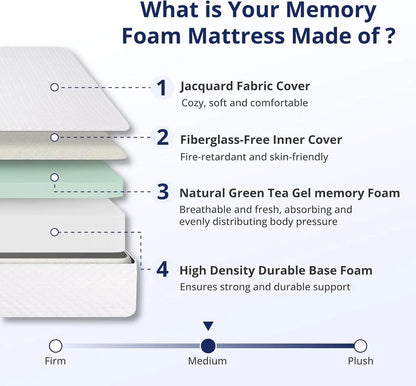 Queen 10 Inch Green Tea Memory Foam Mattress Comfort - Get it from Bo