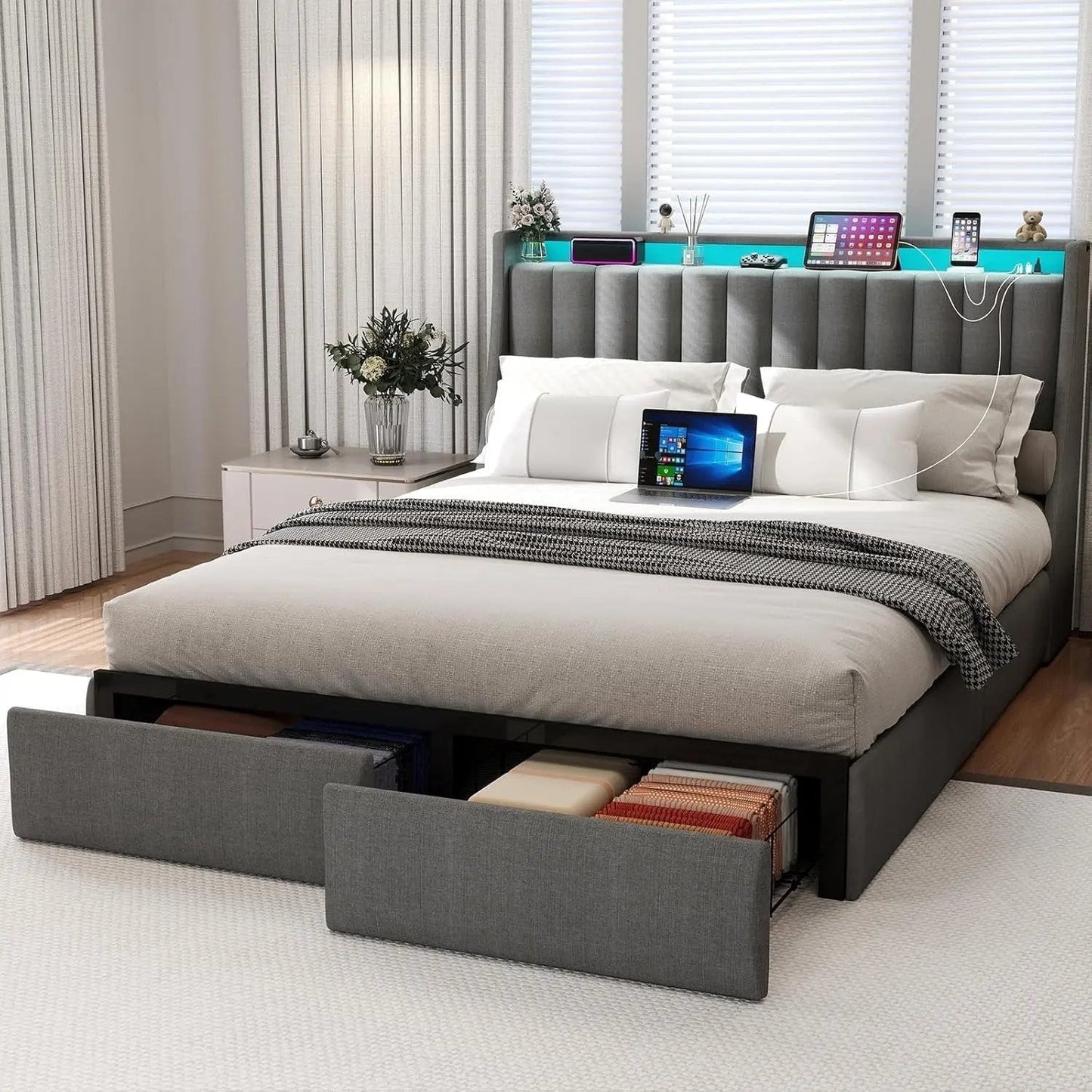 Queen Bed Frame with 2 Storage Drawers, Platform Bed Frame Queen Size with LED Light, Upholstered Headboard, Charging Station, Steel Slat Support, No Box Spring Needed, Noise-Free, Easy Assembly, Gray - Get it from Bo