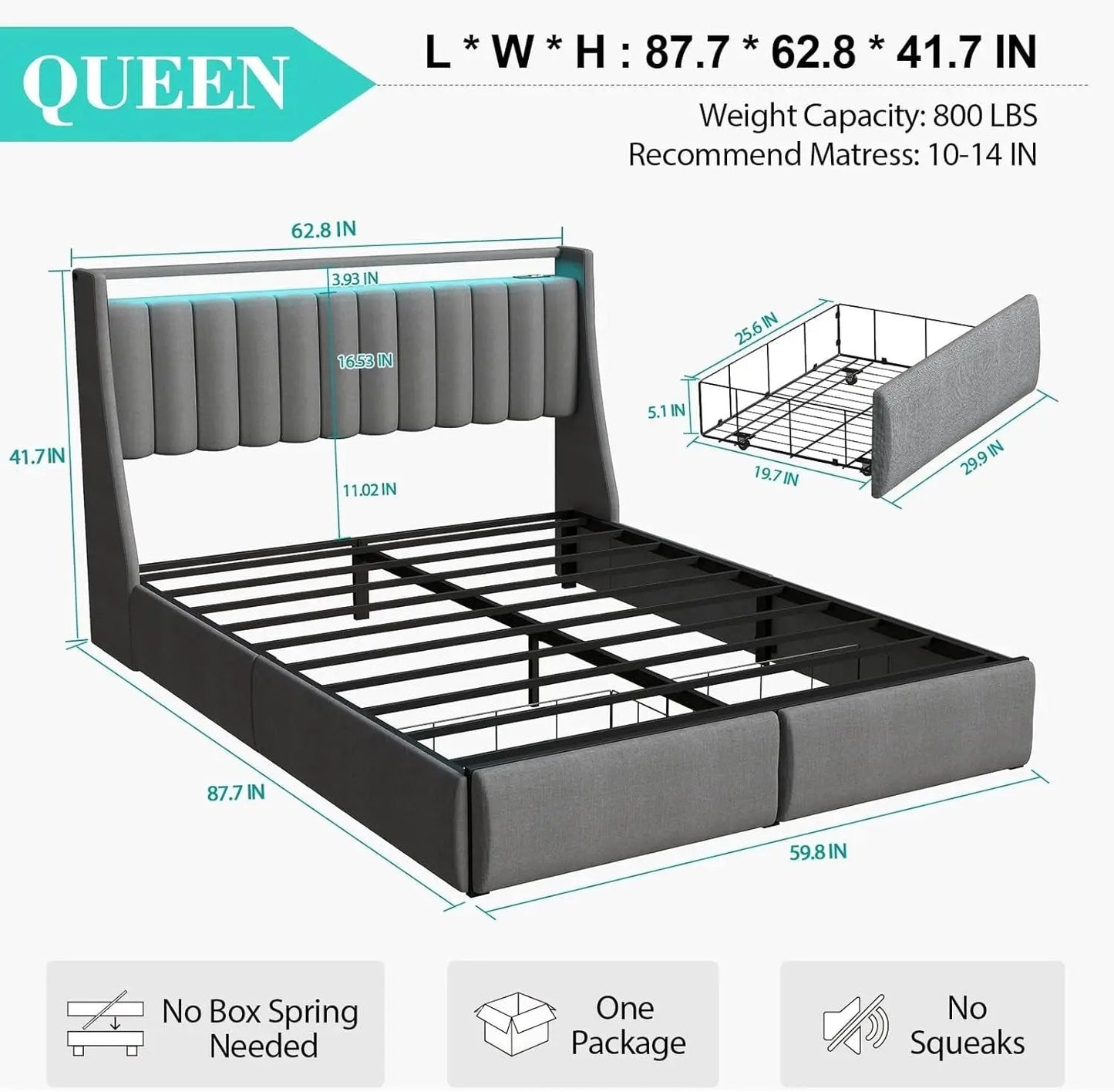Queen Bed Frame with 2 Storage Drawers, Platform Bed Frame Queen Size with LED Light, Upholstered Headboard, Charging Station, Steel Slat Support, No Box Spring Needed, Noise-Free, Easy Assembly, Gray - Get it from Bo