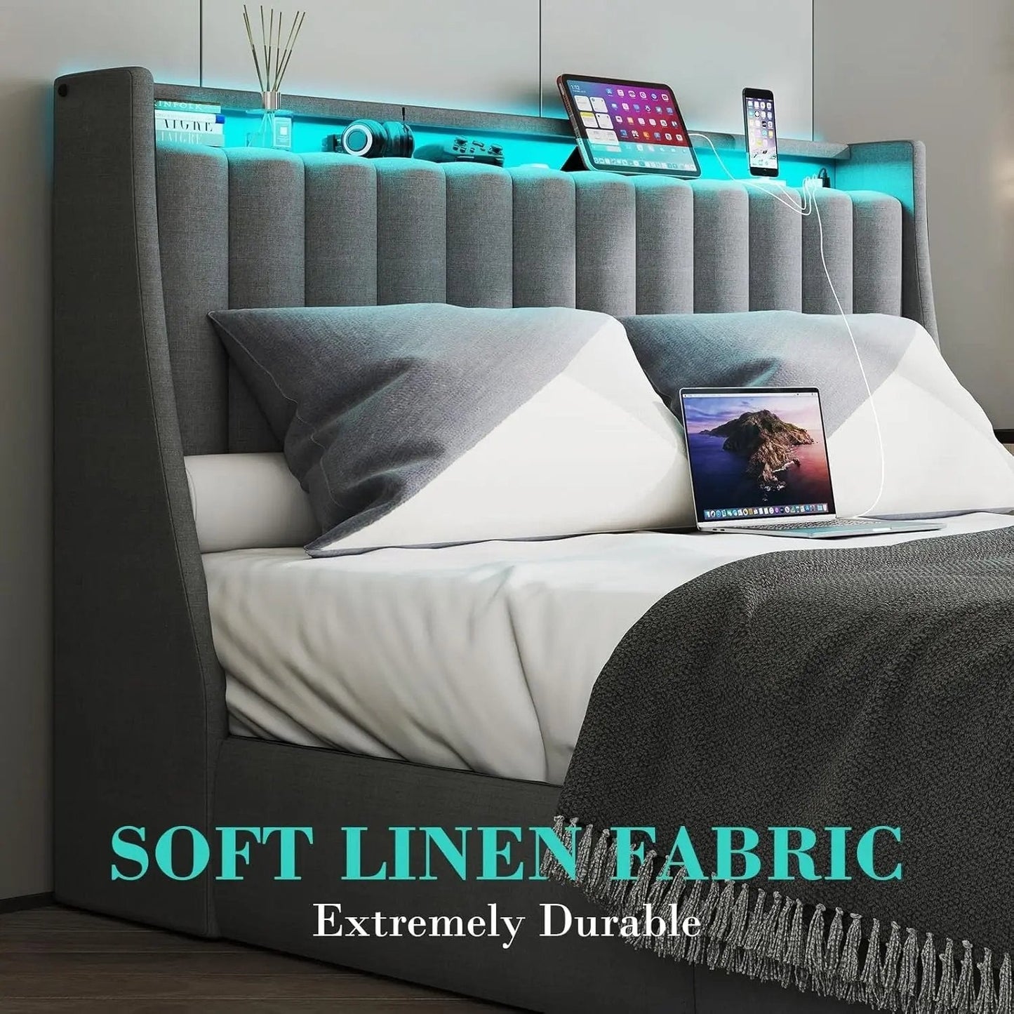 Queen Bed Frame with 2 Storage Drawers, Platform Bed Frame Queen Size with LED Light, Upholstered Headboard, Charging Station, Steel Slat Support, No Box Spring Needed, Noise-Free, Easy Assembly, Gray - Get it from Bo