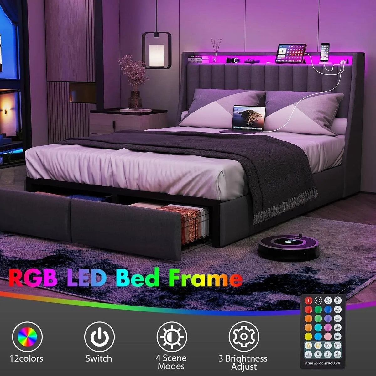 Queen Bed Frame with 2 Storage Drawers, Platform Bed Frame Queen Size with LED Light, Upholstered Headboard, Charging Station, Steel Slat Support, No Box Spring Needed, Noise-Free, Easy Assembly, Gray - Get it from Bo