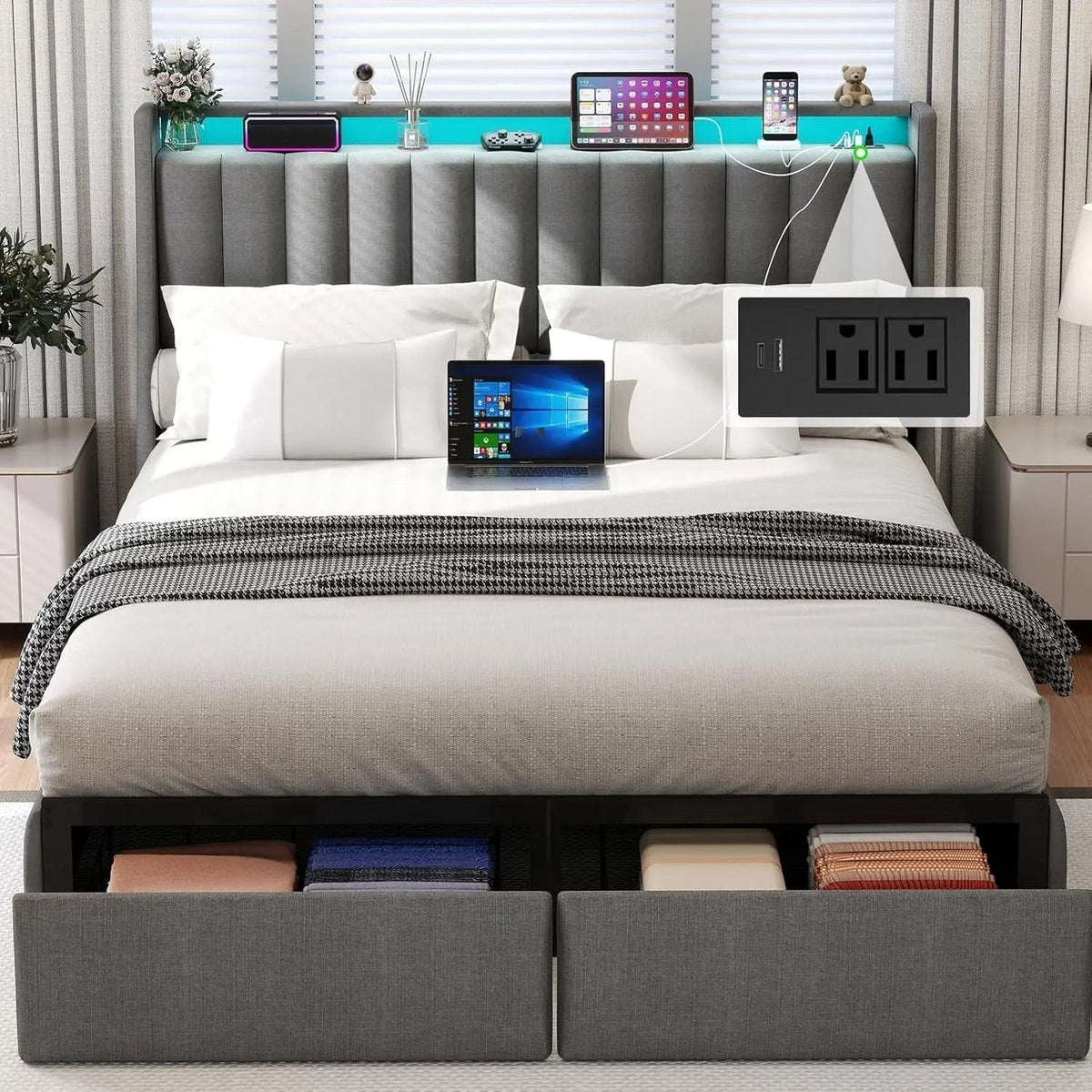 Queen Bed Frame with 2 Storage Drawers, Platform Bed Frame Queen Size with LED Light, Upholstered Headboard, Charging Station, Steel Slat Support, No Box Spring Needed, Noise-Free, Easy Assembly, Gray - Get it from Bo