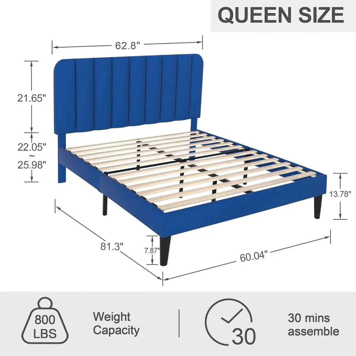 Queen size Blue Upholstered Platform Bed Frame with Headboard - Get it from Bo