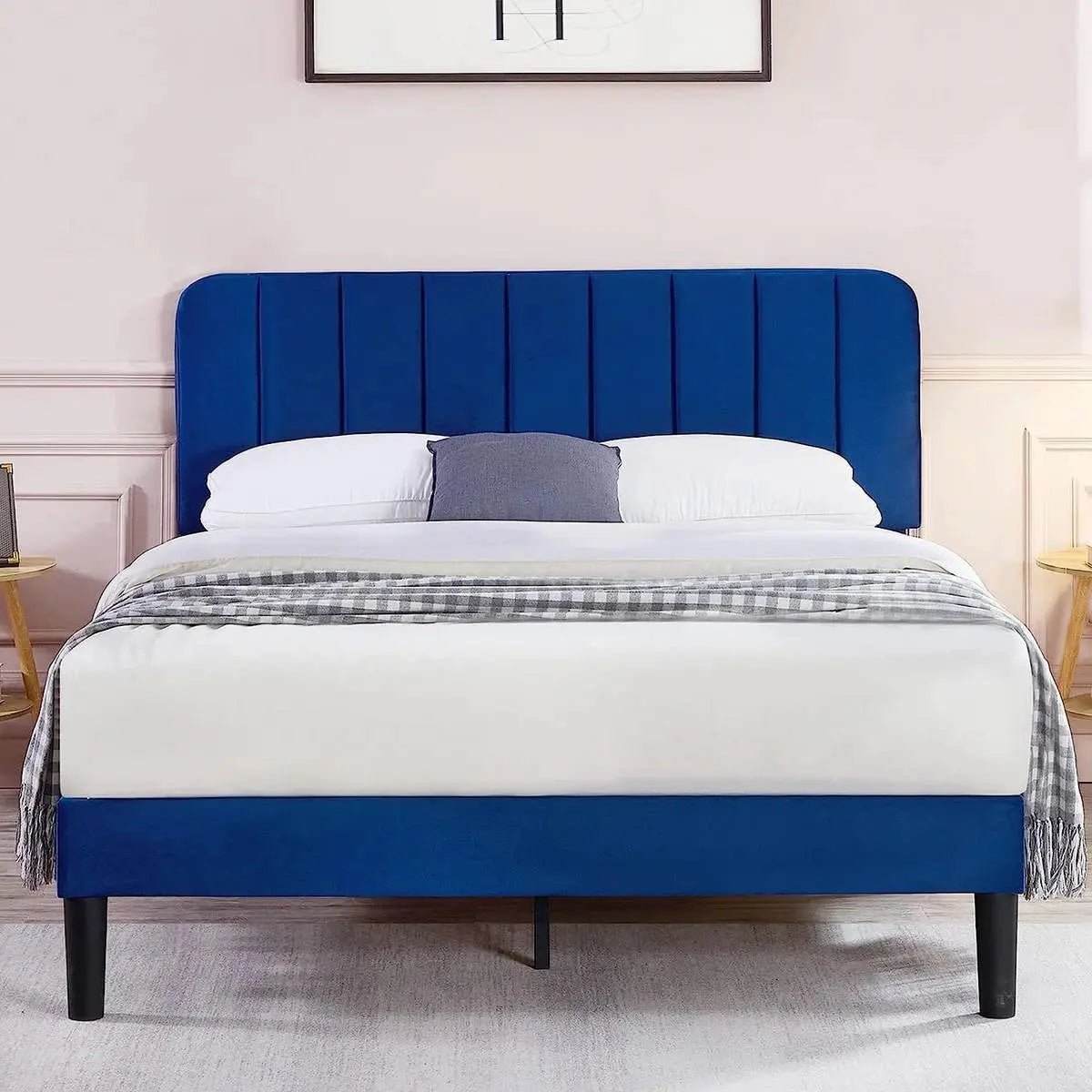 Queen size Blue Upholstered Platform Bed Frame with Headboard - Get it from Bo