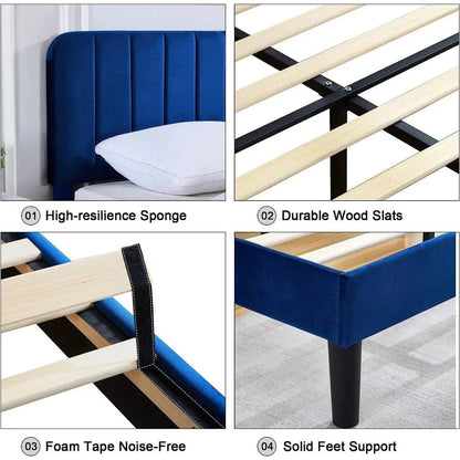 Queen size Blue Upholstered Platform Bed Frame with Headboard - Get it from Bo
