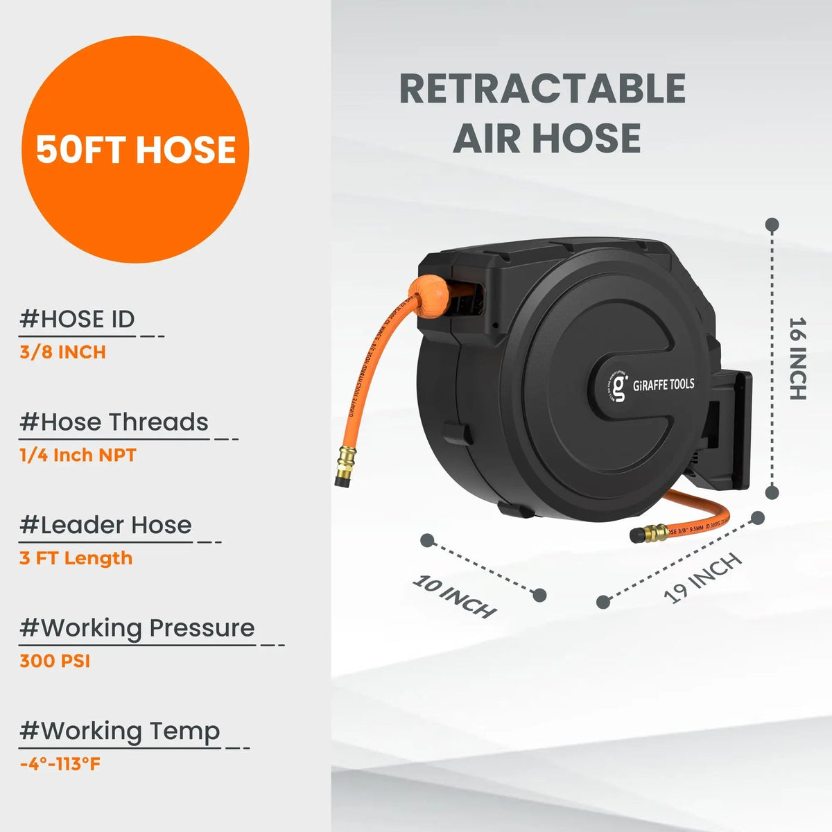 Retractable Air Hose Reel-PP Housing-3/8in-50ft - Get it from Bo