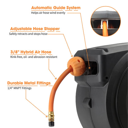Retractable Air Hose Reel-PP Housing-3/8in-50ft - Get it from Bo