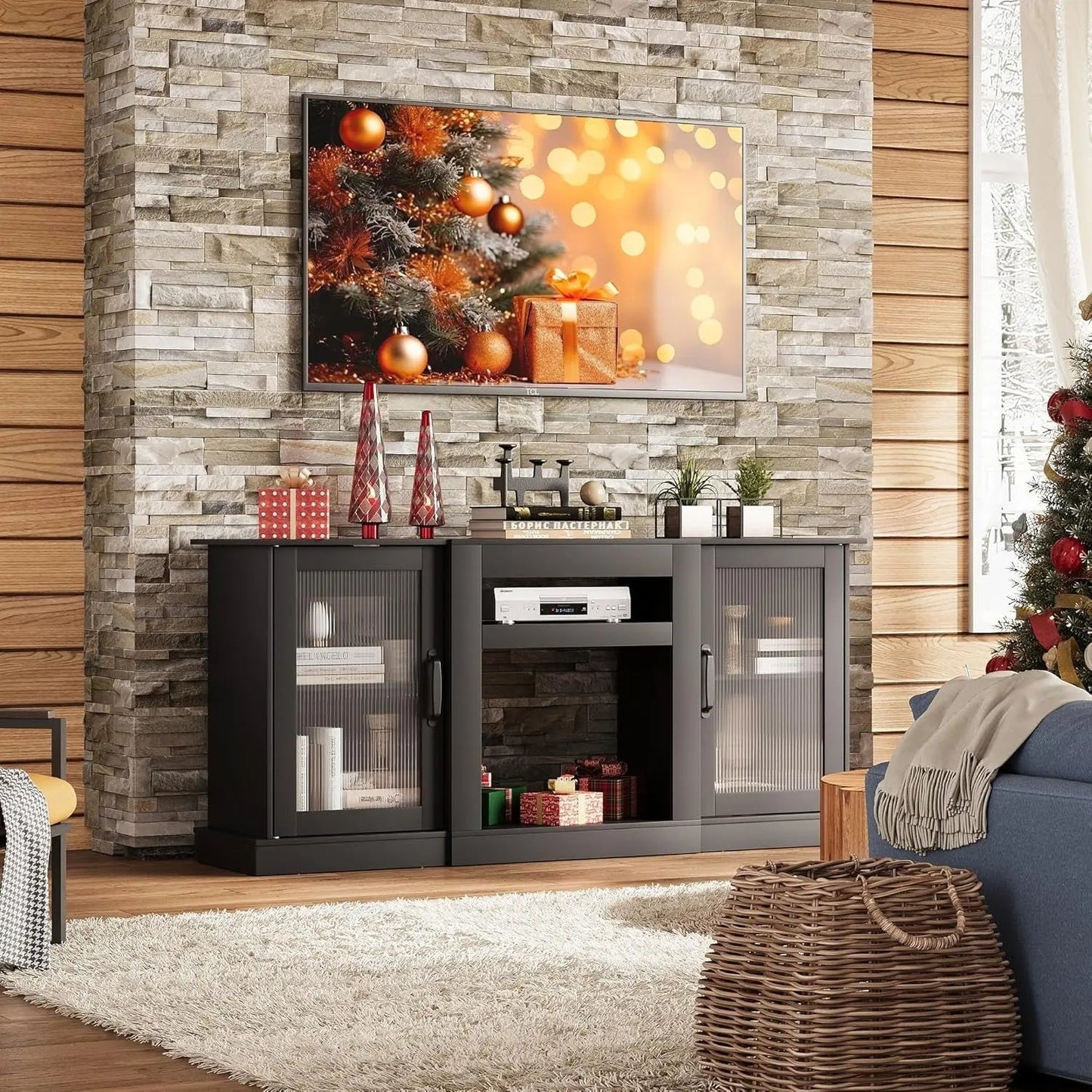 Retro TV Stand For 65 Inch TV With Storage And Open Shelves Black - Get it from Bo