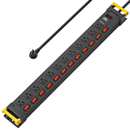 CRST 12 Outlets Individual Switches Metal Power Strip Surge Protector with Cord Holder, 9FT Flat Plug Power Cord  3years warranty Rocket Socket Technology