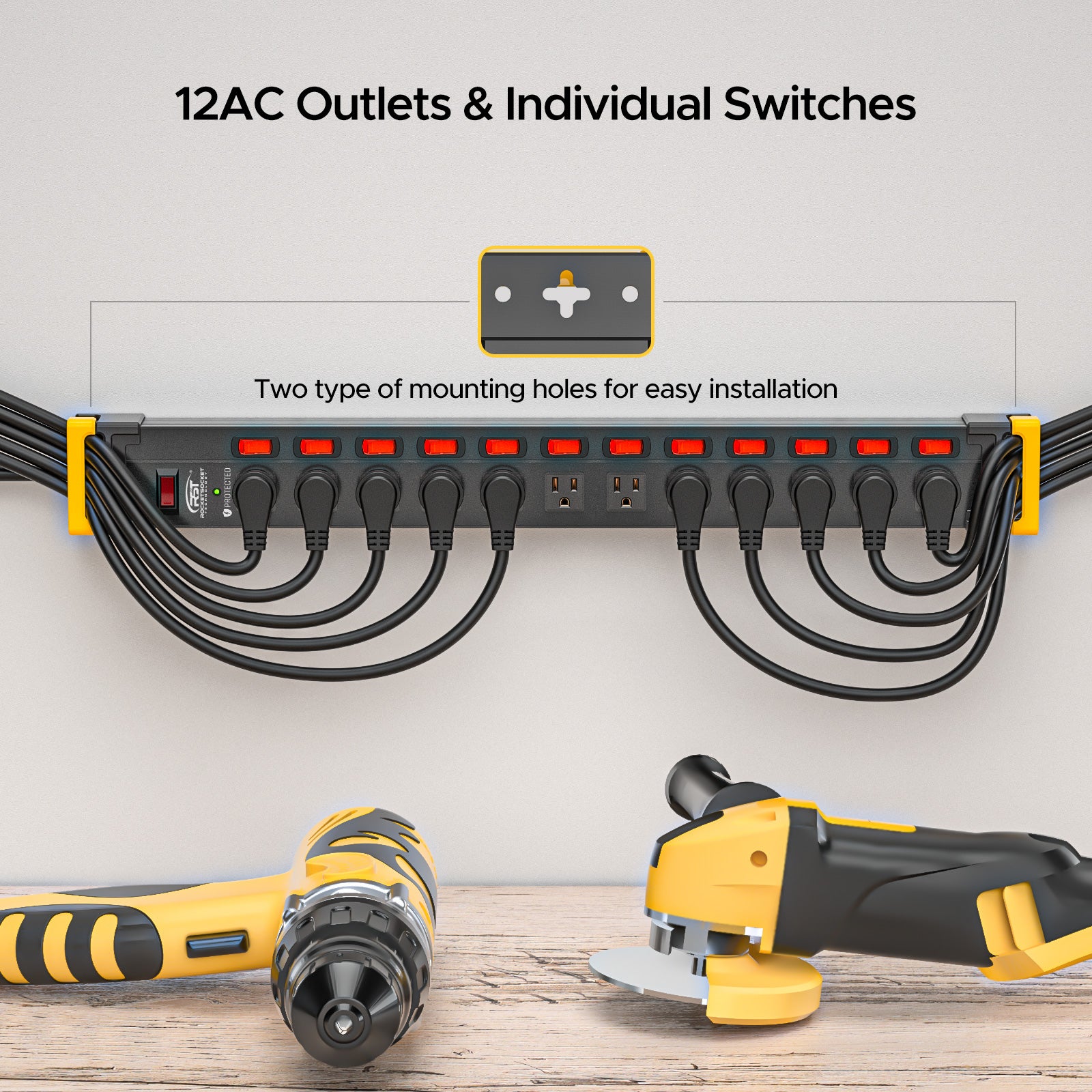 CRST 12 Outlets Individual Switches Metal Power Strip Surge Protector with Cord Holder, 9FT Flat Plug Power Cord  3years warranty Rocket Socket Technology