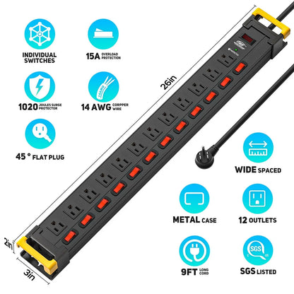 CRST 12 Outlets Individual Switches Metal Power Strip Surge Protector with Cord Holder, 9FT Flat Plug Power Cord  3years warranty Rocket Socket Technology