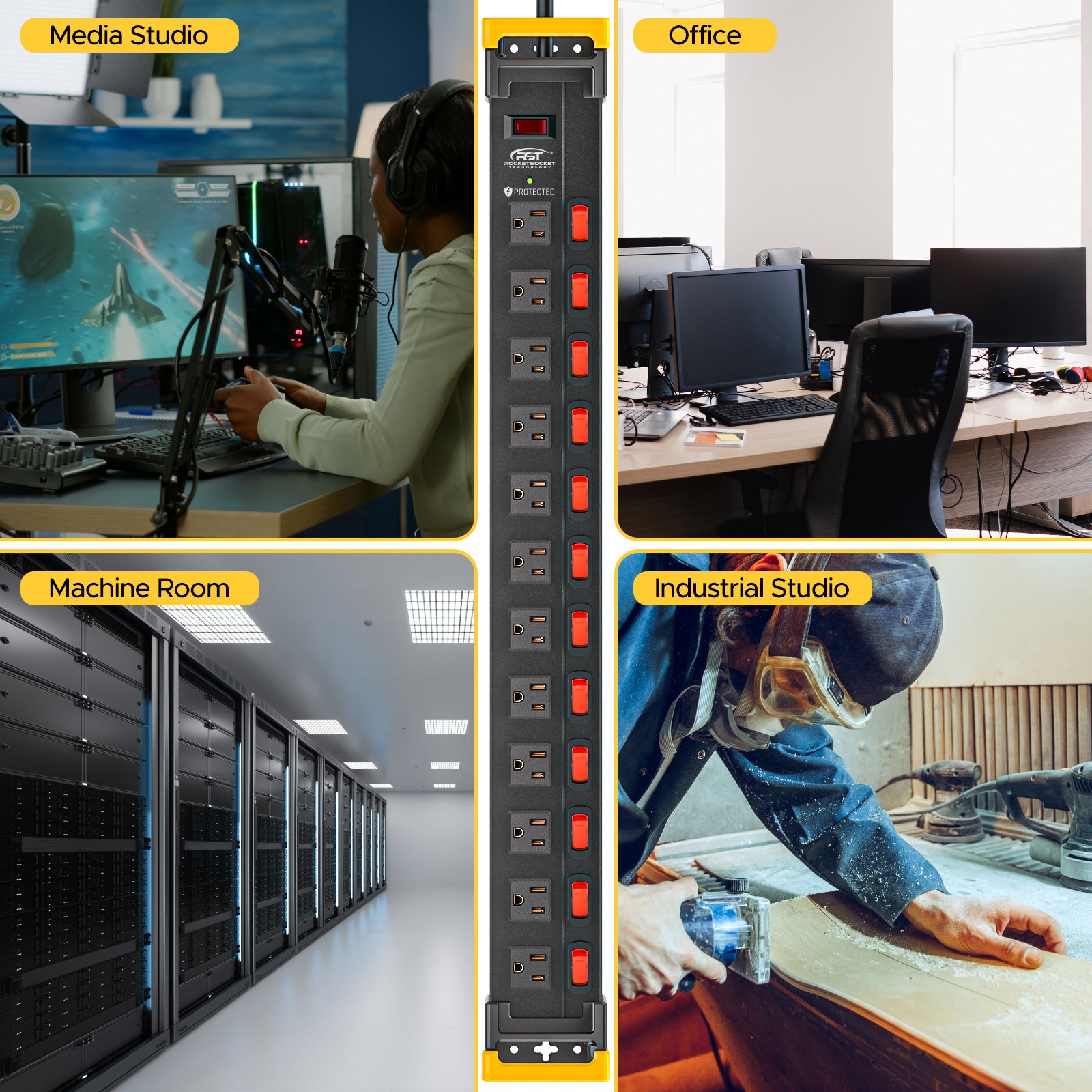 CRST 12 Outlets Individual Switches Metal Power Strip Surge Protector with Cord Holder, 9FT Flat Plug Power Cord  3years warranty Rocket Socket Technology