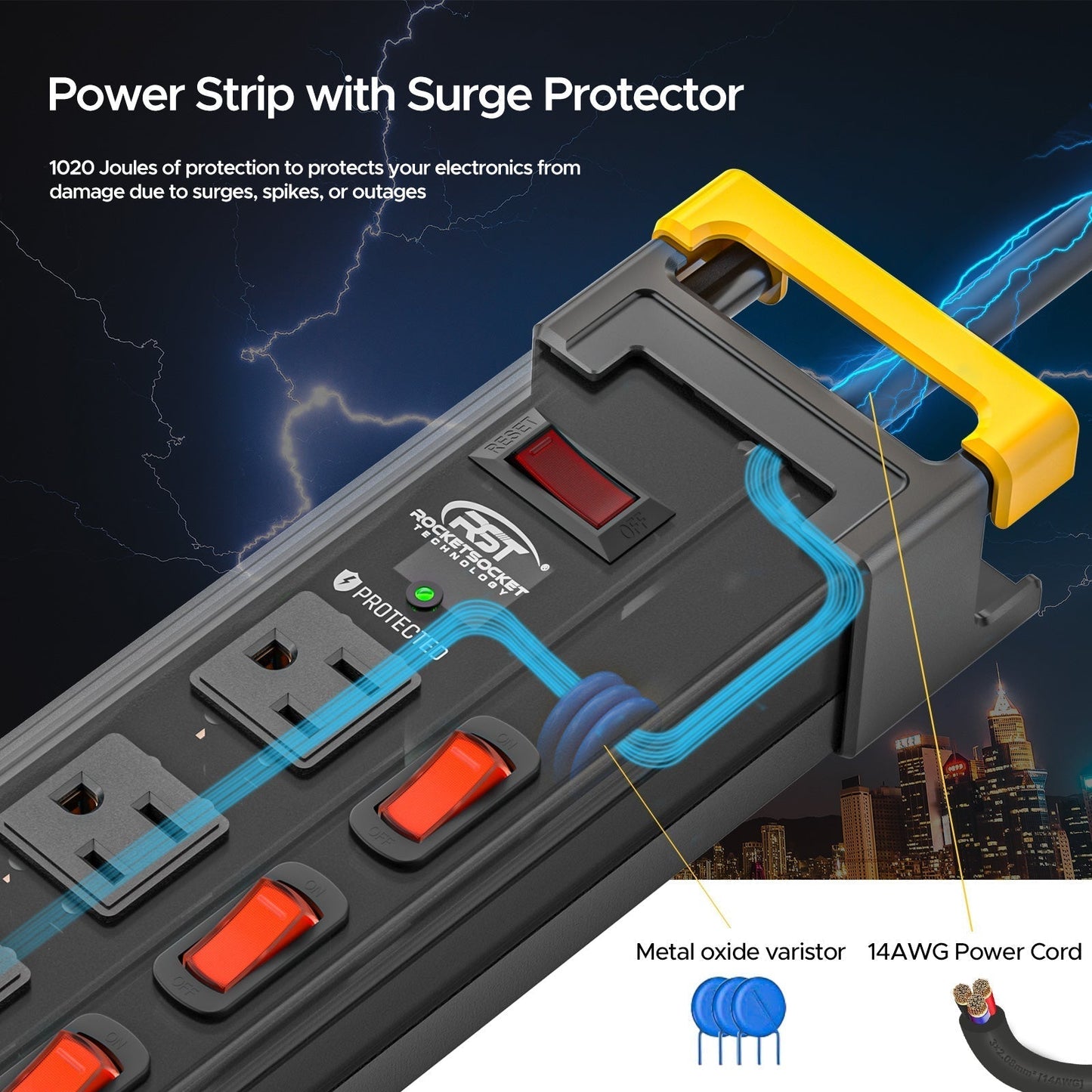 CRST 12 Outlets Individual Switches Metal Power Strip Surge Protector with Cord Holder, 9FT Flat Plug Power Cord  3years warranty Rocket Socket Technology