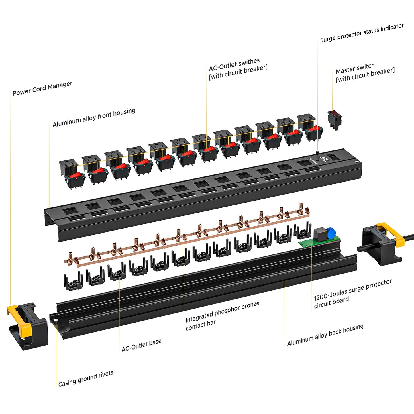 CRST 12 Outlets Individual Switches Metal Power Strip Surge Protector with Cord Holder, 9FT Flat Plug Power Cord  3years warranty Rocket Socket Technology