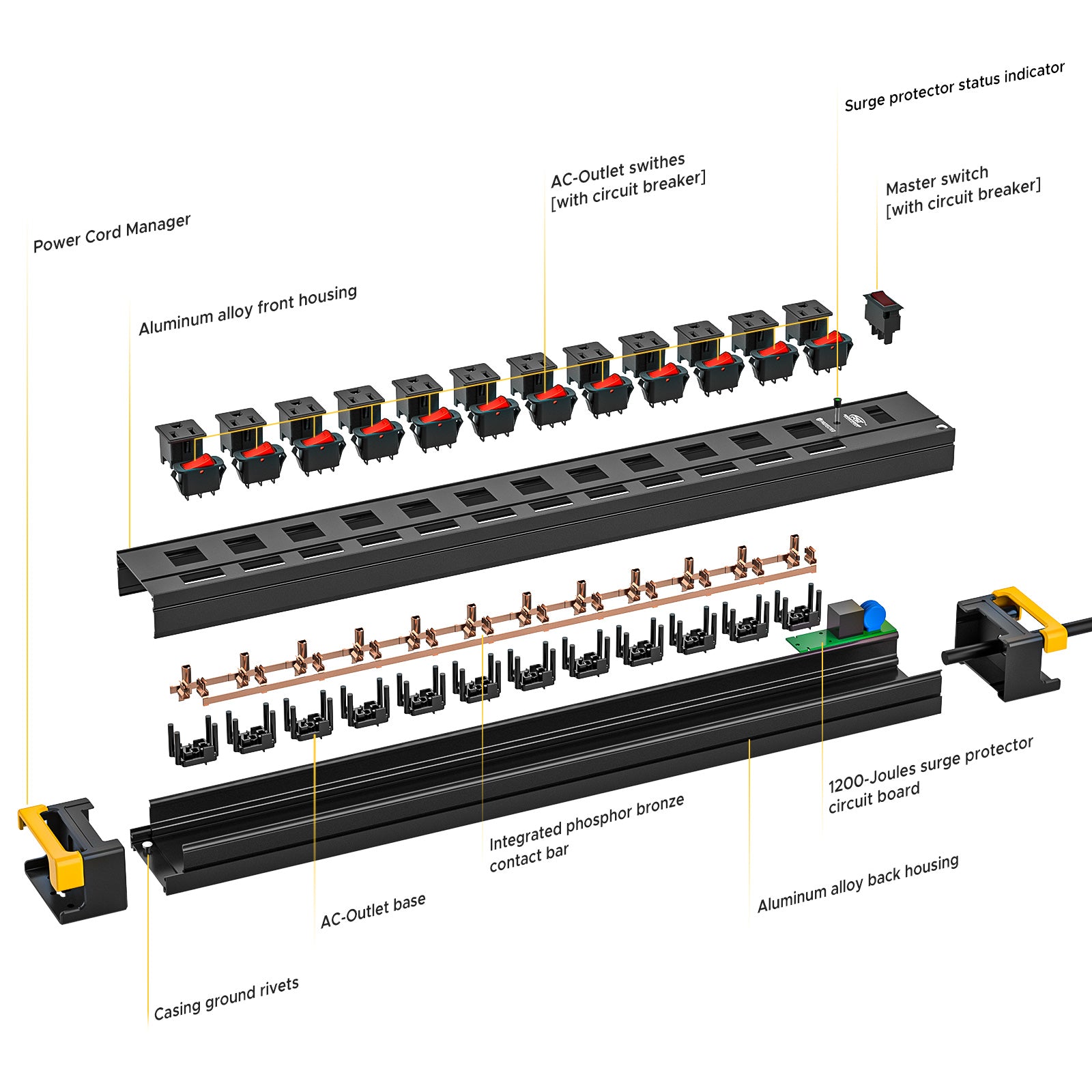 CRST 12 Outlets Individual Switches Metal Power Strip Surge Protector with Cord Holder, 9FT Flat Plug Power Cord  3years warranty Rocket Socket Technology