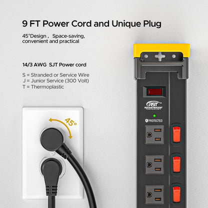 CRST 12 Outlets Individual Switches Metal Power Strip Surge Protector with Cord Holder, 9FT Flat Plug Power Cord  3years warranty Rocket Socket Technology