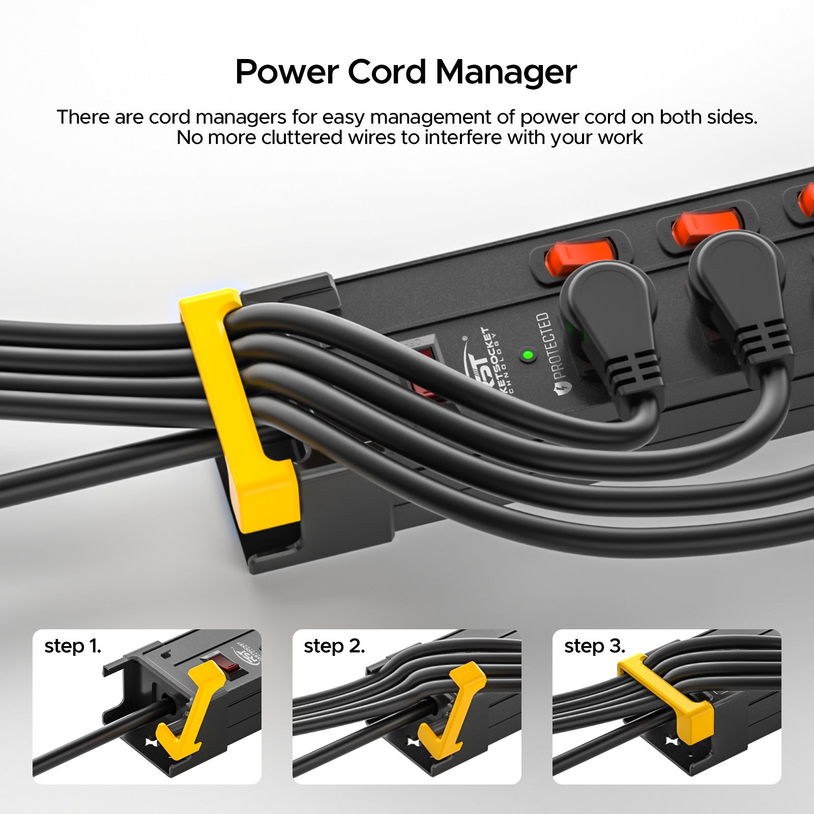 CRST 12 Outlets Individual Switches Metal Power Strip Surge Protector with Cord Holder, 9FT Flat Plug Power Cord  3years warranty Rocket Socket Technology